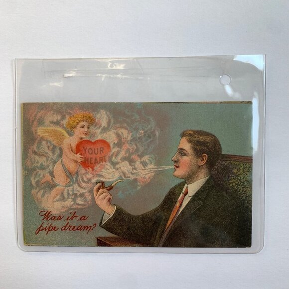 1912 Antique Valentine's Day Postcard Was It a Pipe Dream Gentleman Smoking Pipe - Picture 1 of 3